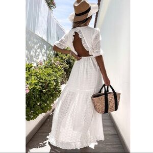 Boho White Lace Crochet Open Back Ruffled High Waist Maxi Dress